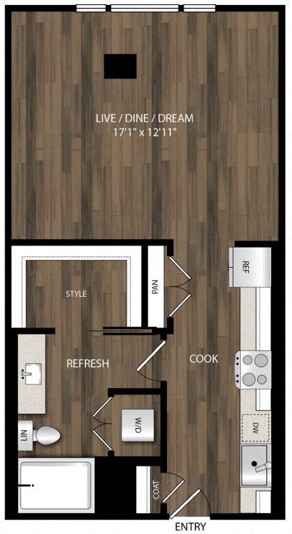 Floor plan for studio, 1 bath, 562 sqft